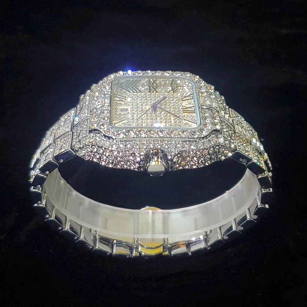 Luxury Diamond Watch for Men Hip Hop Style Bling Bling Iced Out Wristwatch Fashion Square Stainless Steel Waterproof Clock 2024