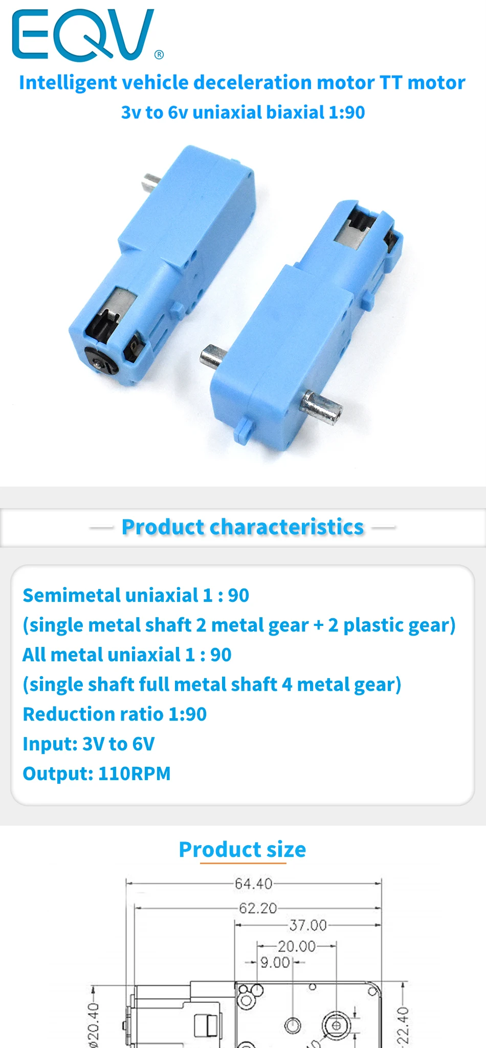 DC 3V-6V 1:90 Metal Gear Motor All Metal/Half Metal Single Axis Gear Motor Robot Intelligent Vehicle Speed Reducer TT Motor Blue