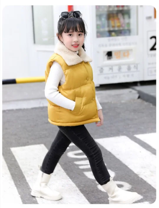 Children Cotton Vest Turn-down Collar Kids Winter Clothes Solid Color Sleeveless Waistcoats For Girls Boys Soft Outerwear Casual