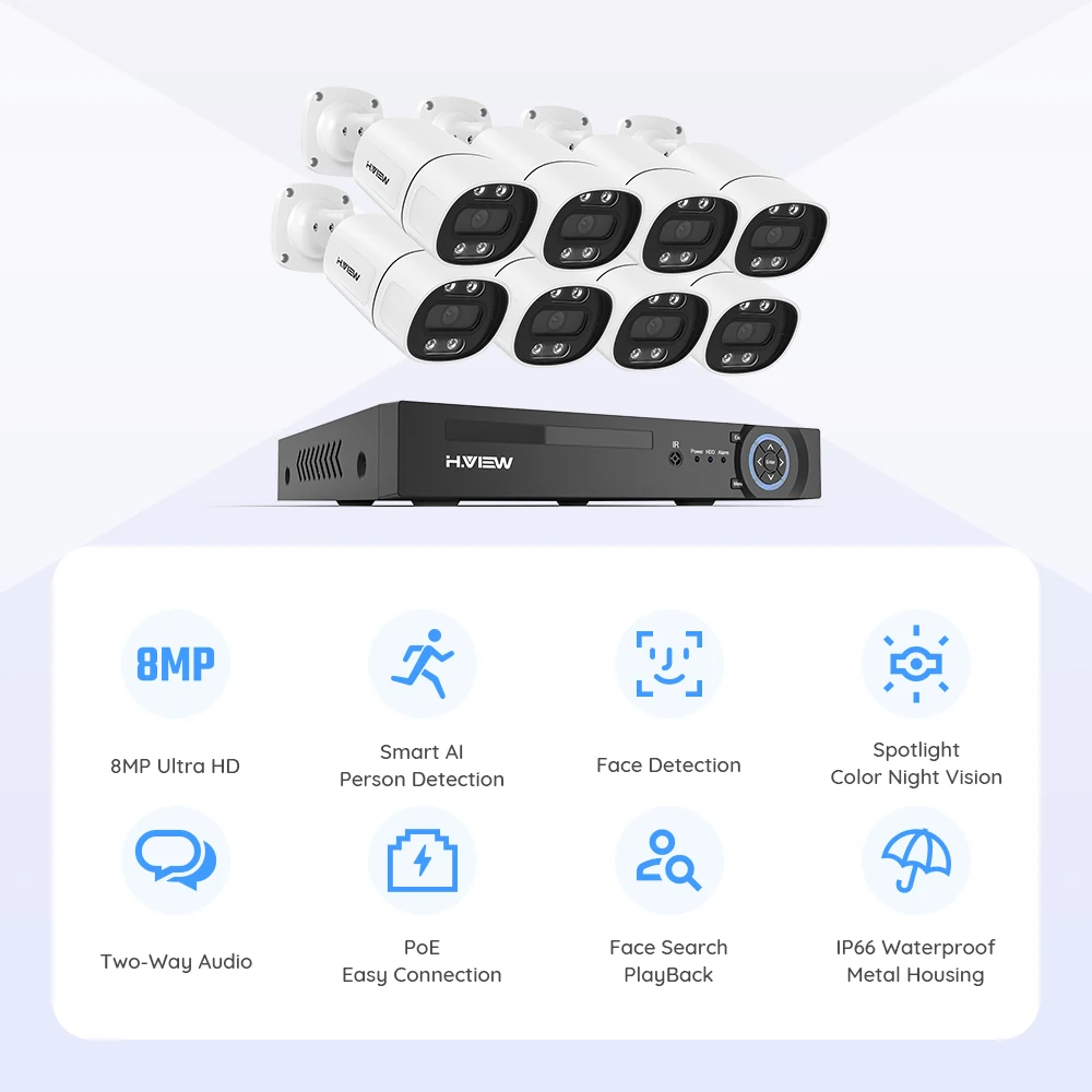 H.View 4K 5Mp 8Mp Poe CCTV Security Camera System Home Video Surveillance Kit 8Ch NVR Audio Outdoor Ip Camera XMEYE App
