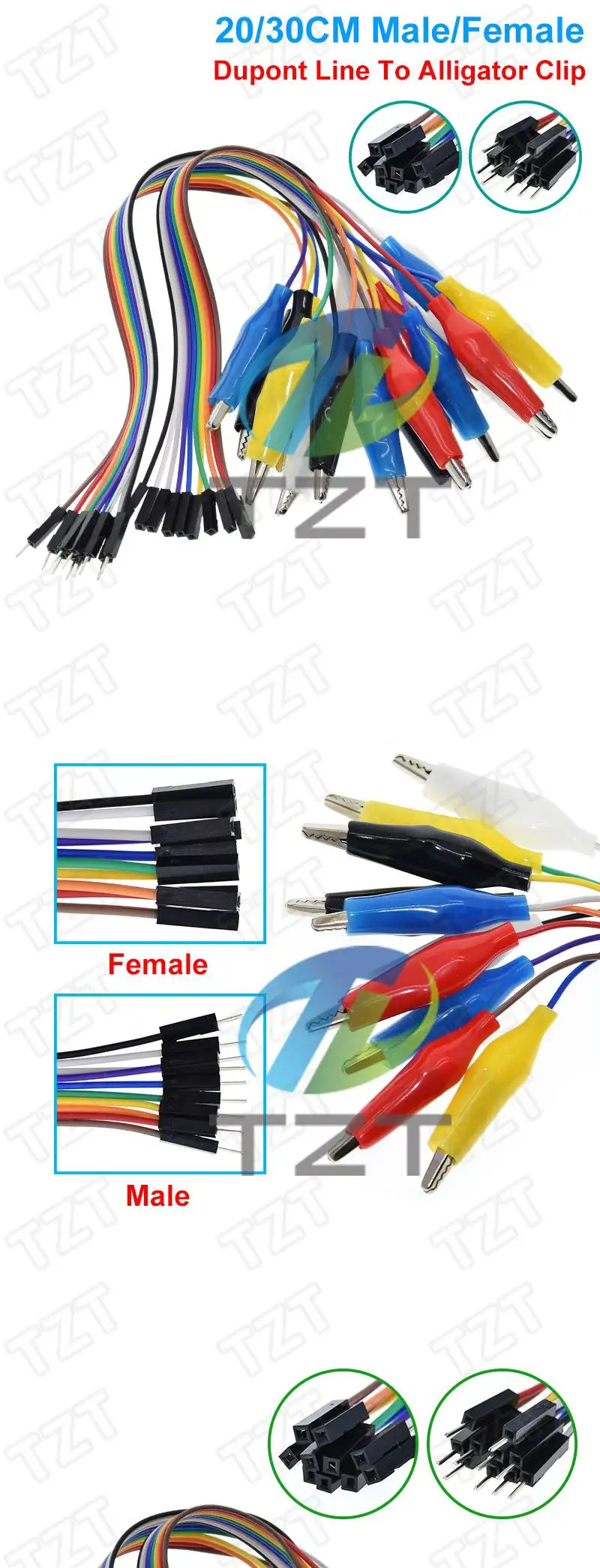 20cm 30cm 10pin Double-end Alligator Clips jump Wire Male Female Crocodile Clip Test Lead Jumper Wire Line Cable DIY Connection