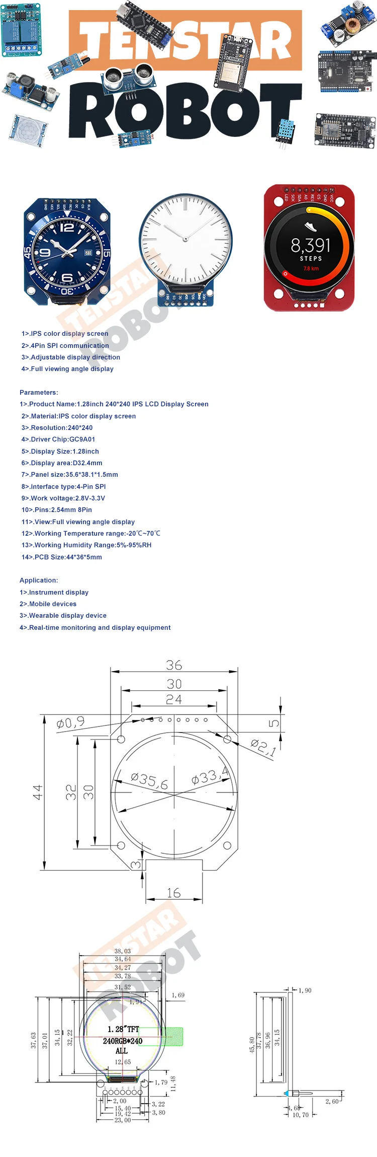 TFT Display 1.28 Inch TFT LCD Display Module Round RGB 240*240 GC9A01 Driver 4 Wire SPI Interface 240x240 PCB