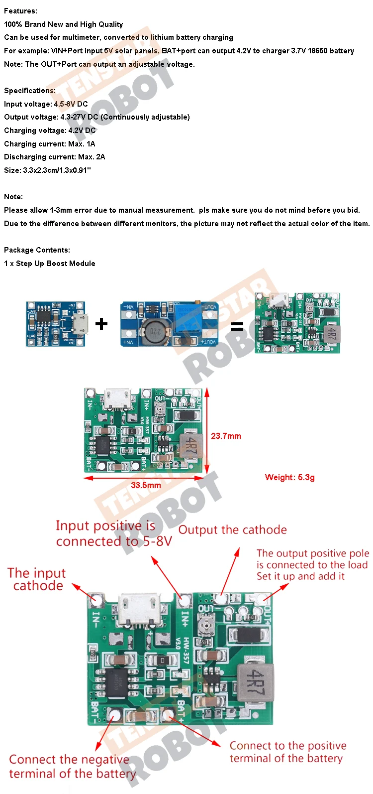 Lithium Li-ion 18650 3.7V 4.2V Battery Charger Board DC-DC Step Up Boost Module TP4056 + MT3608 DIY Kit Parts
