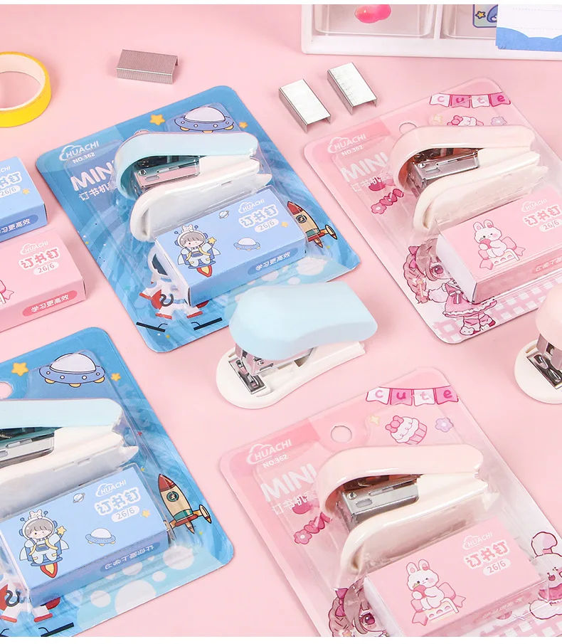Cartoon Stapler Mini Stapler Set Cute Student Stationery Bookbinding Machine Test Paper Stapler School Gift Office Accessories