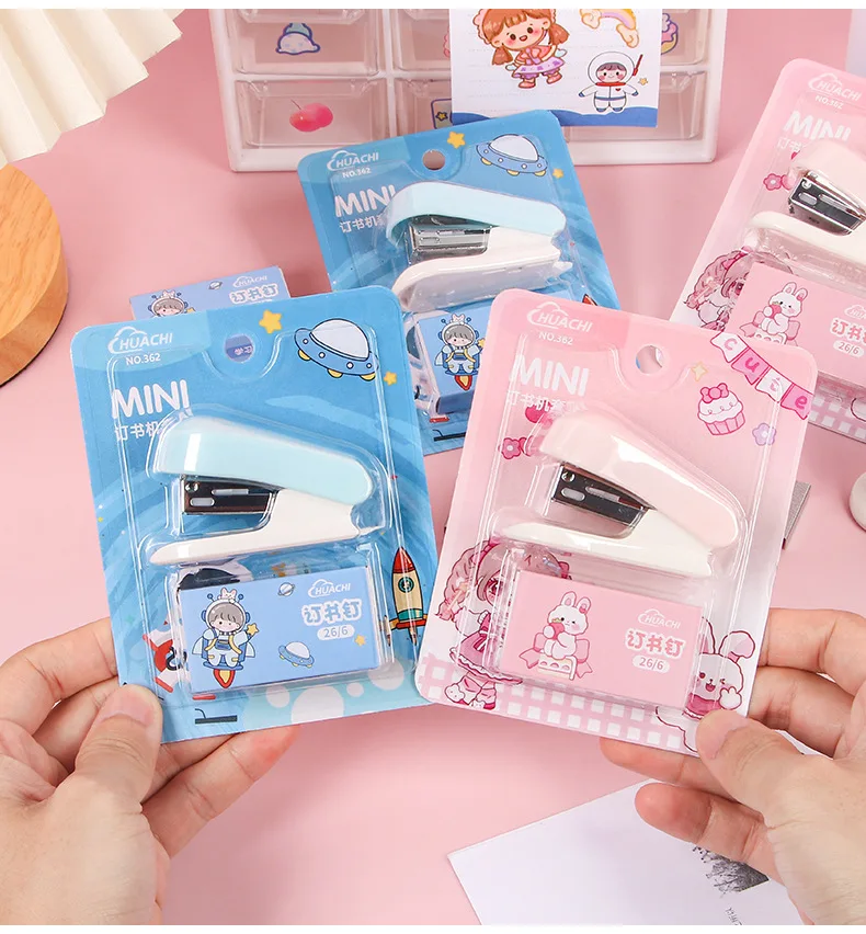 Cartoon Stapler Mini Stapler Set Cute Student Stationery Bookbinding Machine Test Paper Stapler School Gift Office Accessories