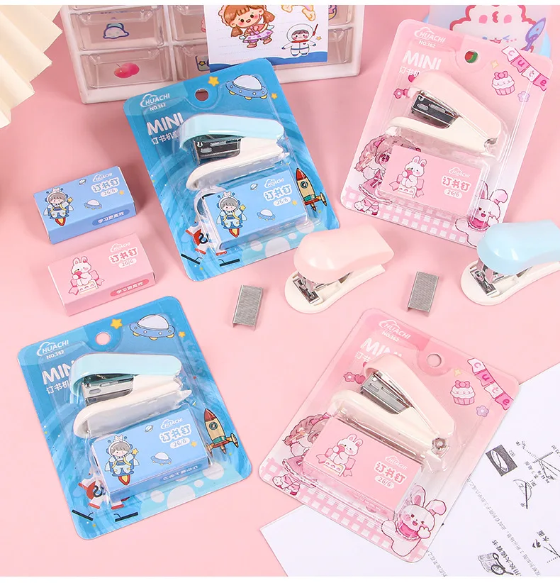 Cartoon Stapler Mini Stapler Set Cute Student Stationery Bookbinding Machine Test Paper Stapler School Gift Office Accessories