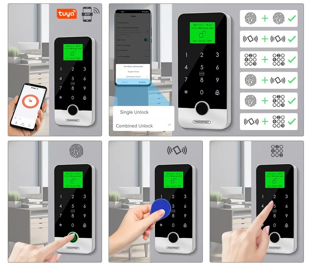 Bluetooth Tuya APP Smart Fingerprint RFID Access Control Keypad Touch IP65 Waterproof 13.56MHz Door Opener Keyless Lock System