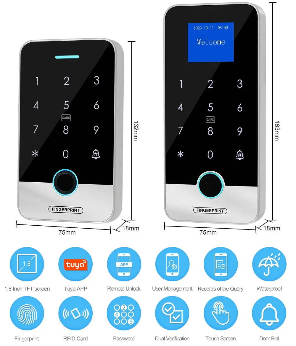 Bluetooth Tuya APP Smart Fingerprint RFID Access Control Keypad Touch IP65 Waterproof 13.56MHz Door Opener Keyless Lock System