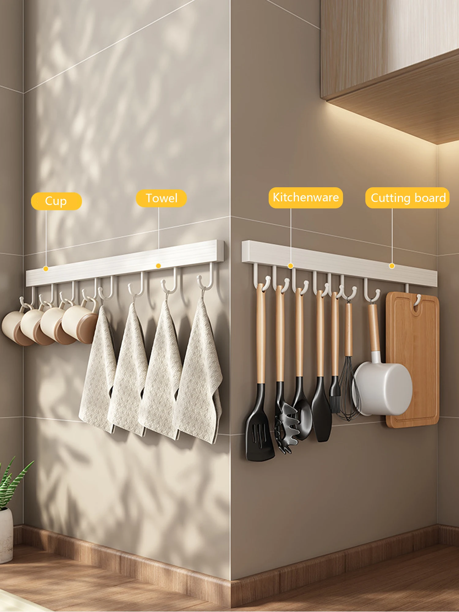 Wall Mounted Kitchen Hook Rack No-Punching Wall Hangers Rail Kitchen Utensils Rack Spoon Shovel Chopping Board Storage Rack