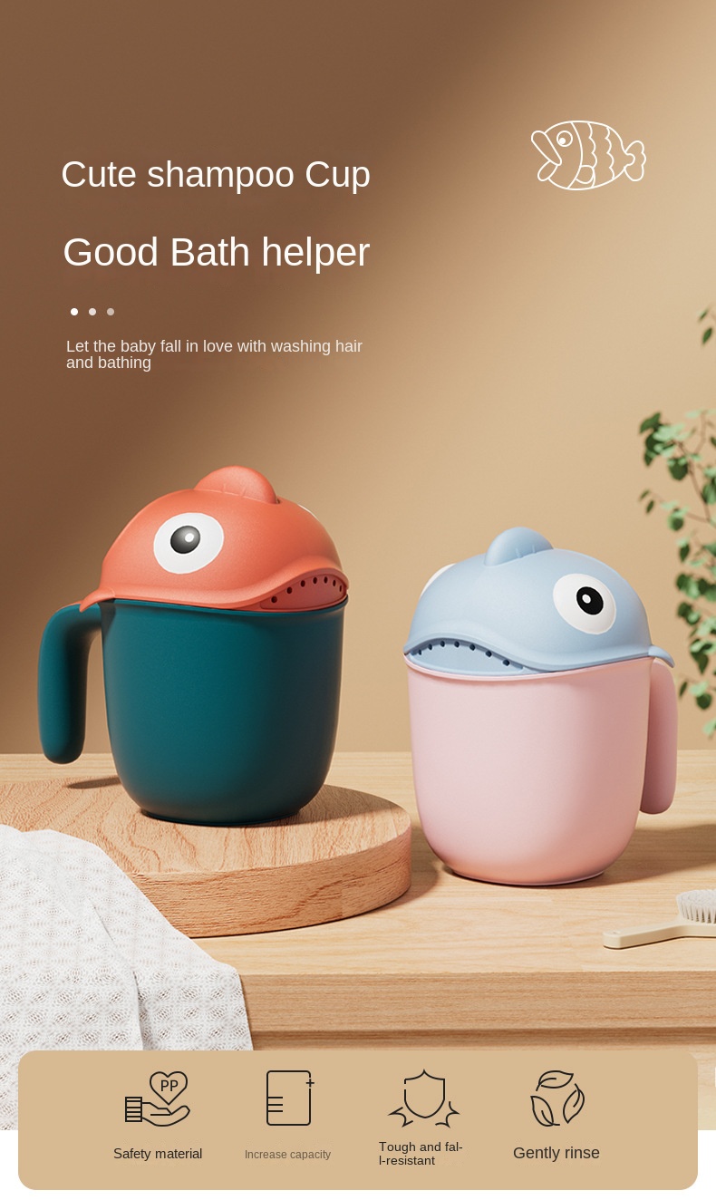 Baby Bath Shower Head Rinse Cup Cartoon Shark Cute Shower Washing Bathroom Accessories Bathing Toys for 0-6 Years Old Baby
