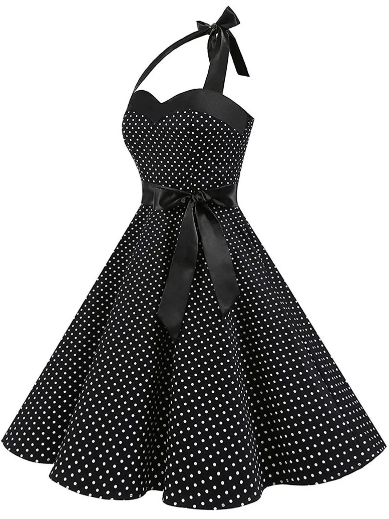 Women Polka Dot Print Summer Dress Sexy Retro White Halter Vintage Dress Robe Femme Pin Up Rockabilly Party Dress