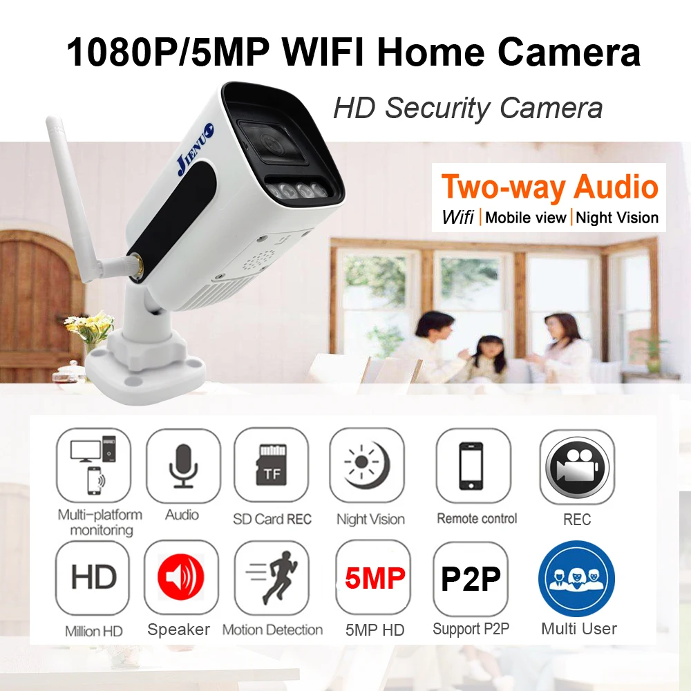 JIENUO 5MP Wifi Camera IP 128G Outdoor Waterproof Wireless NightVision 32G 64G Security Surveillance 1080P Onvif Home Cam CamHi
