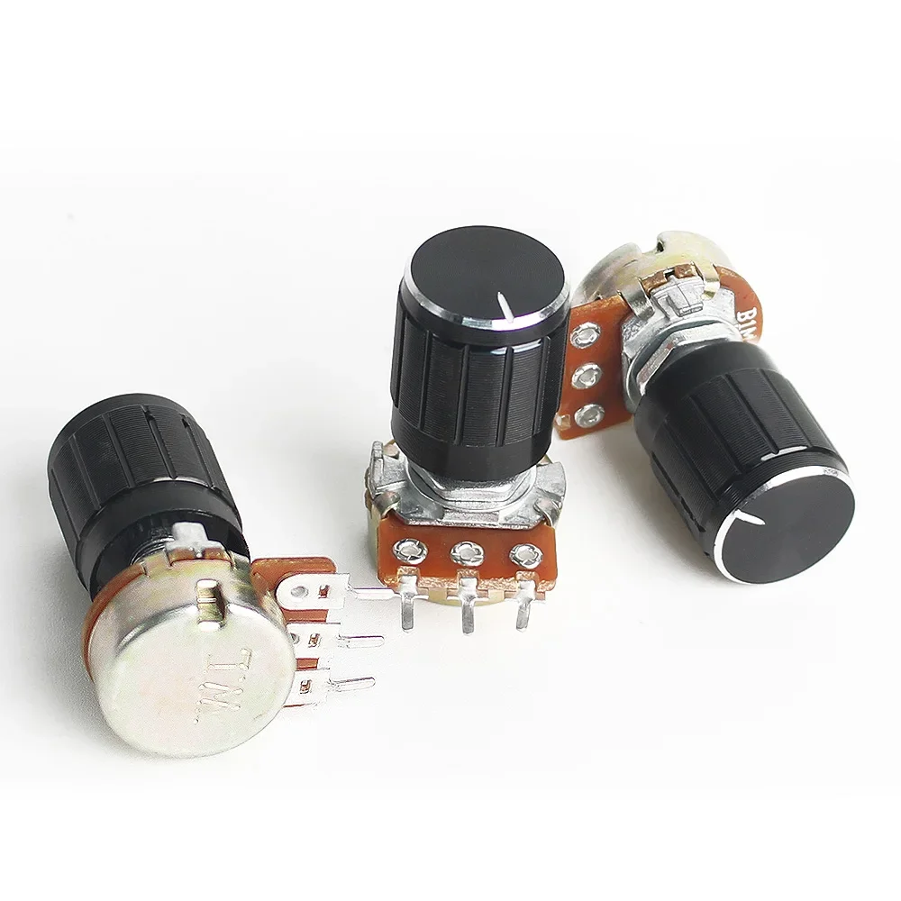 5Set WH148 Linear Potentiometer 15mm 3pin 1K 2K 5K 10K 20K 50K 100K 250K 1M With Black Aluminum alloy knob cap Potentiometer Kit