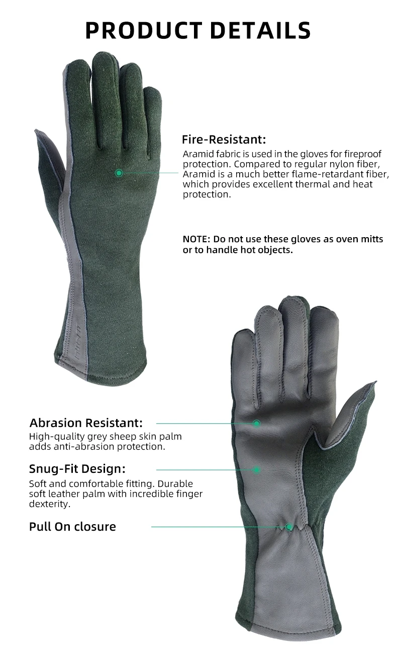 XYEHS 1 Pair Long/Short Cuff Leather Military Uniform Supply Pilot Safety Work Gloves Fire-Resistant Aramid Flight Gloves