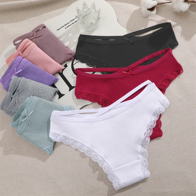 3PCS/Set Women Cotton Panties Sexy Low Rise Lace Brazilian Panties Hollow Out Soft Breathable Lingerie Female Bow Underwear S-XL