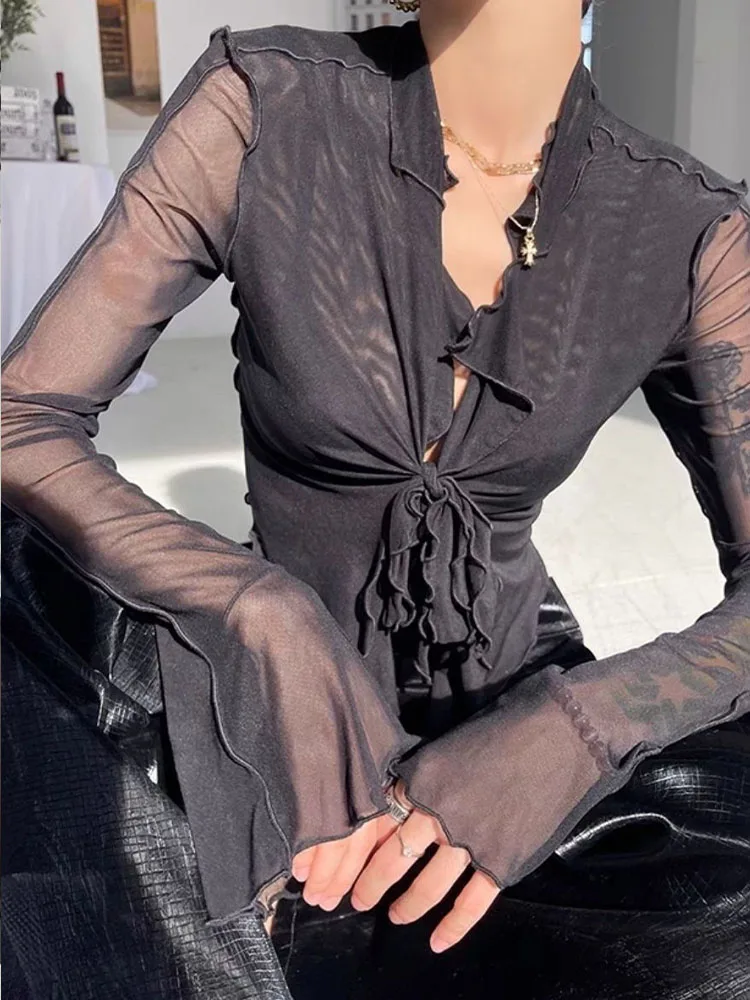 Long Flare Sleeve Blouses for Women Lace-up Mesh Sexy Sweet Hot Girls Korean Fashion Style All-match Solid Design Elegant Casual