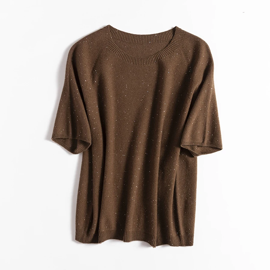 SuyaDream, 100%Merino Wool Pullovers for Woman, Round Neck, Short Sleeved Sweaters, 2025 Fall Winter Soft Warm Top, Pink, Olive