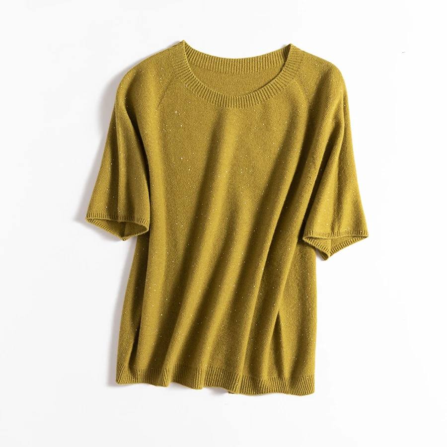 SuyaDream, 100%Merino Wool Pullovers for Woman, Round Neck, Short Sleeved Sweaters, 2025 Fall Winter Soft Warm Top, Pink, Olive