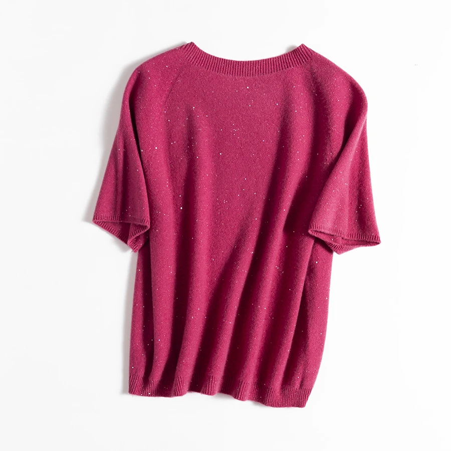 SuyaDream, 100%Merino Wool Pullovers for Woman, Round Neck, Short Sleeved Sweaters, 2025 Fall Winter Soft Warm Top, Pink, Olive