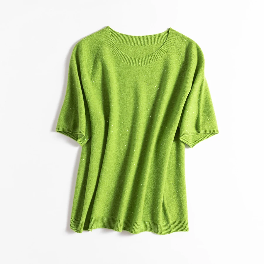 SuyaDream, 100%Merino Wool Pullovers for Woman, Round Neck, Short Sleeved Sweaters, 2025 Fall Winter Soft Warm Top, Pink, Olive