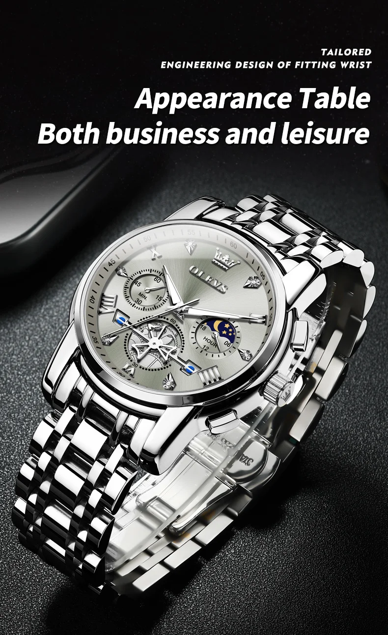 OLEVS Men's Watches Classic Multifunctional Flywheel Chronograph Original Quartz Wristwatch Moon Phase 24 Hour Waterproof Reloj