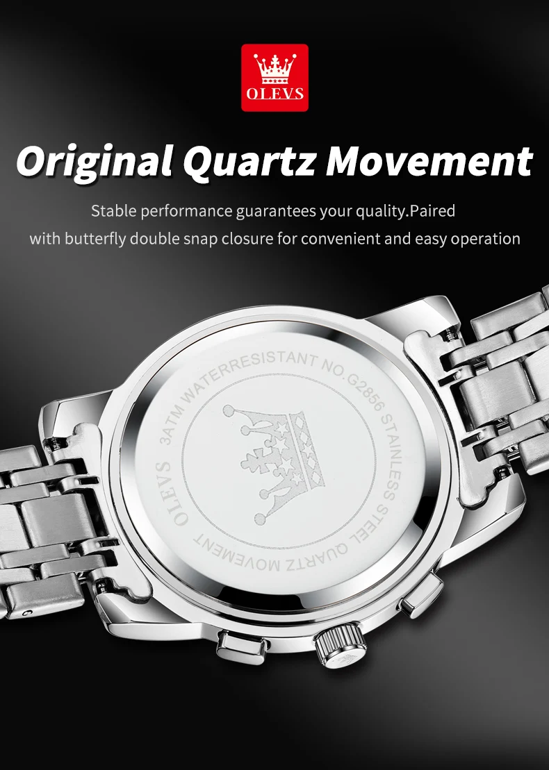 OLEVS Men's Watches Classic Multifunctional Flywheel Chronograph Original Quartz Wristwatch Moon Phase 24 Hour Waterproof Reloj