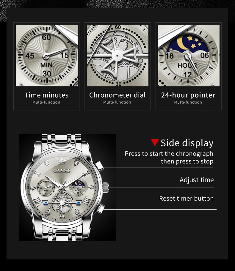 OLEVS Men's Watches Classic Multifunctional Flywheel Chronograph Original Quartz Wristwatch Moon Phase 24 Hour Waterproof Reloj
