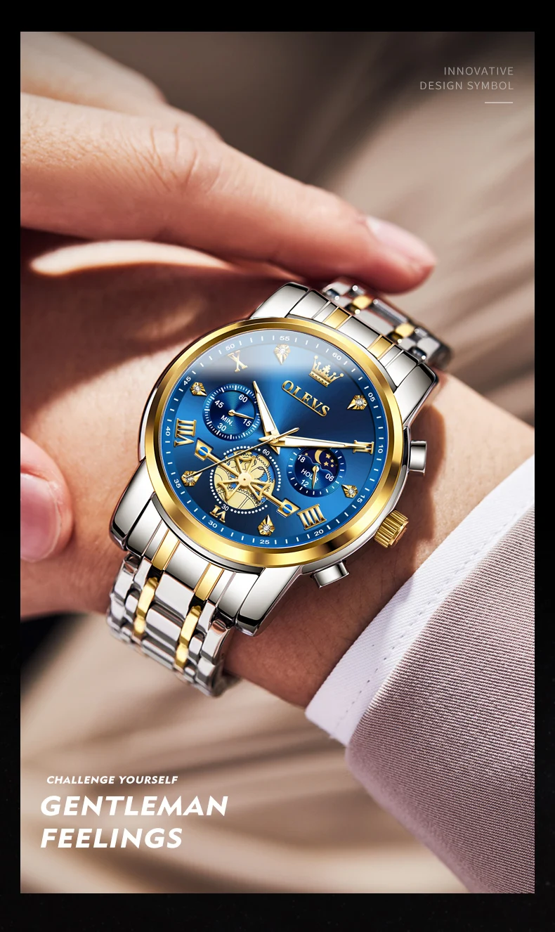 OLEVS Men's Watches Classic Multifunctional Flywheel Chronograph Original Quartz Wristwatch Moon Phase 24 Hour Waterproof Reloj