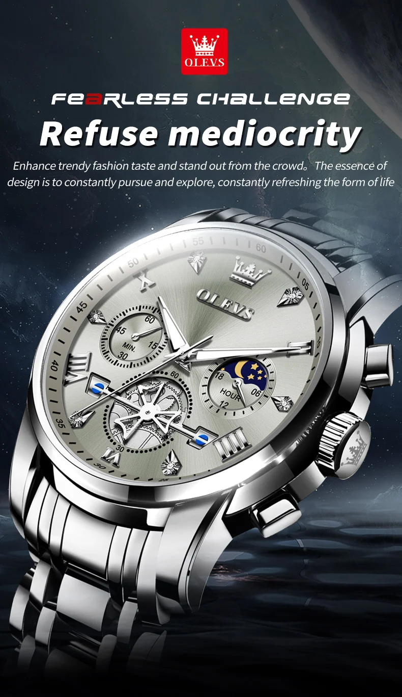 OLEVS Men's Watches Classic Multifunctional Flywheel Chronograph Original Quartz Wristwatch Moon Phase 24 Hour Waterproof Reloj