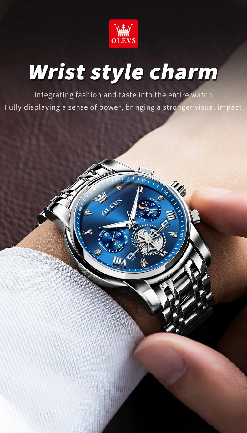OLEVS Men's Watches Classic Multifunctional Flywheel Chronograph Original Quartz Wristwatch Moon Phase 24 Hour Waterproof Reloj