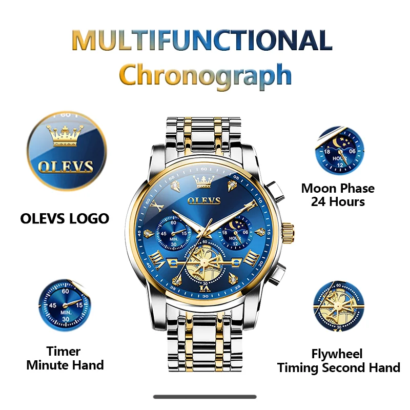 OLEVS Men's Watches Classic Multifunctional Flywheel Chronograph Original Quartz Wristwatch Moon Phase 24 Hour Waterproof Reloj