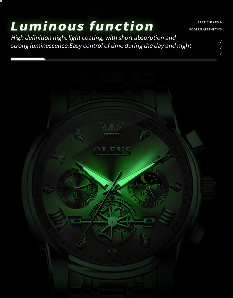 OLEVS Men's Watches Classic Multifunctional Flywheel Chronograph Original Quartz Wristwatch Moon Phase 24 Hour Waterproof Reloj