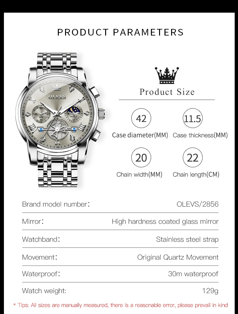 OLEVS Men's Watches Classic Multifunctional Flywheel Chronograph Original Quartz Wristwatch Moon Phase 24 Hour Waterproof Reloj