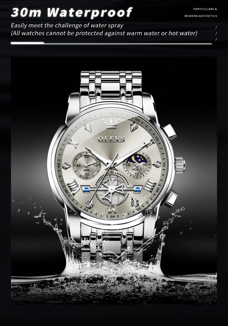OLEVS Men's Watches Classic Multifunctional Flywheel Chronograph Original Quartz Wristwatch Moon Phase 24 Hour Waterproof Reloj