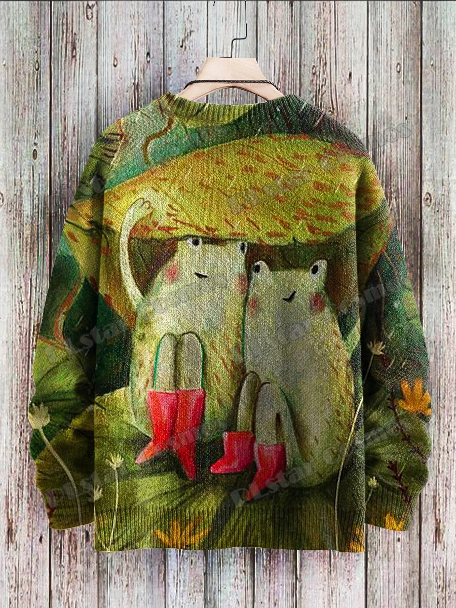 Vintage Cute Frog Yoga Mushroom Art Pattern 3D Printed Men's Knitted Pullover Winter Unisex Casual Knit Pullover Sweater ZZM120