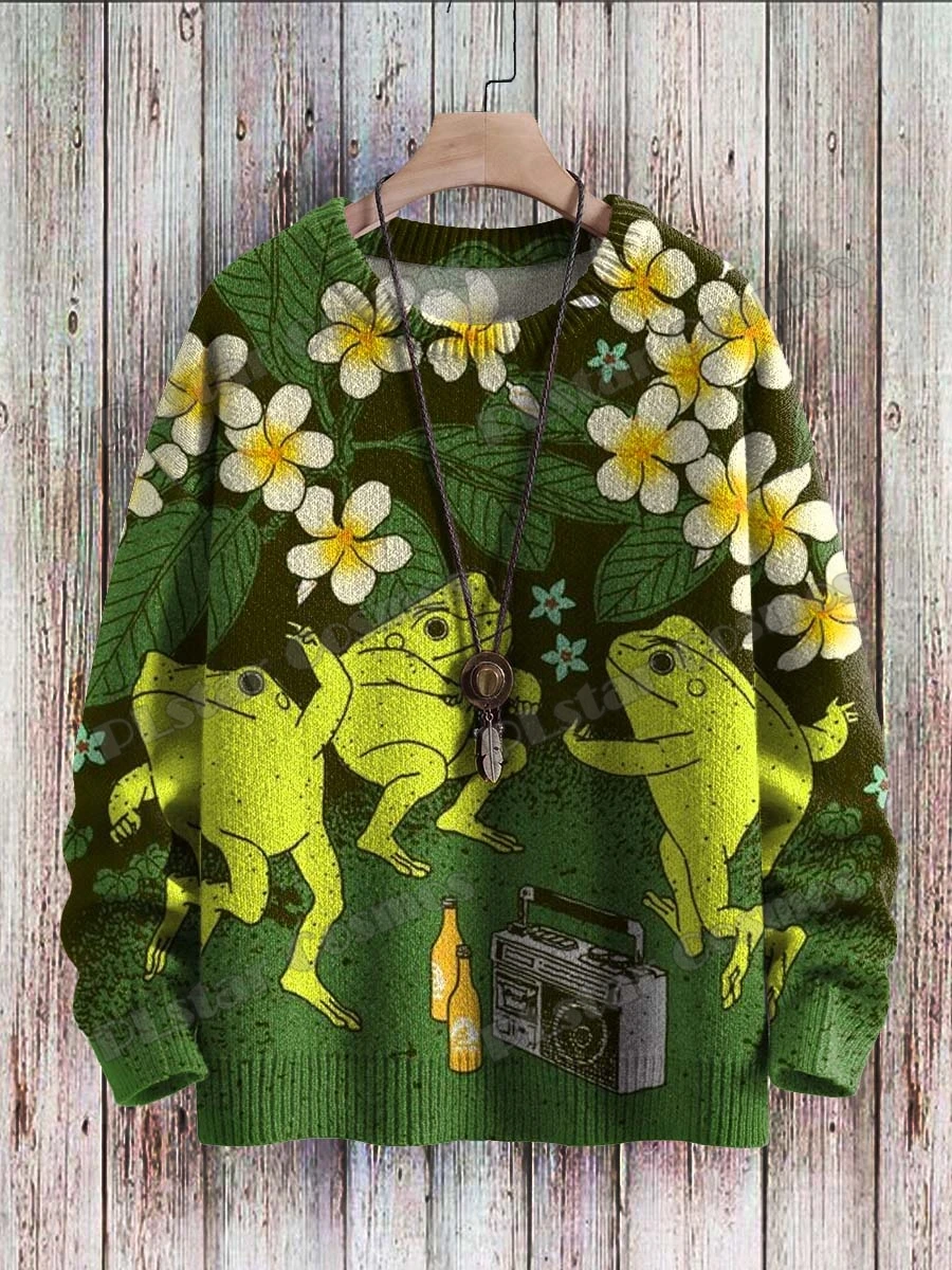 Vintage Cute Frog Yoga Mushroom Art Pattern 3D Printed Men's Knitted Pullover Winter Unisex Casual Knit Pullover Sweater ZZM120