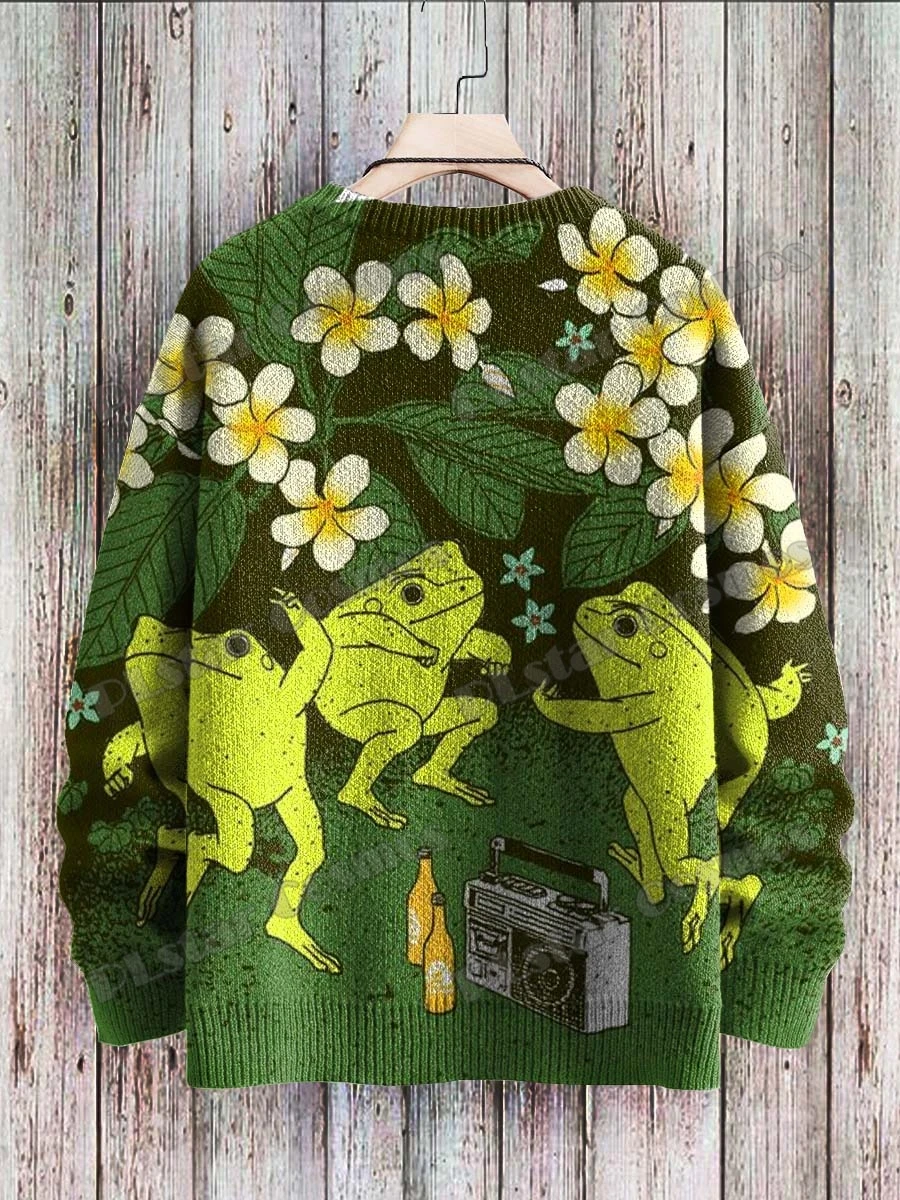 Vintage Cute Frog Yoga Mushroom Art Pattern 3D Printed Men's Knitted Pullover Winter Unisex Casual Knit Pullover Sweater ZZM120