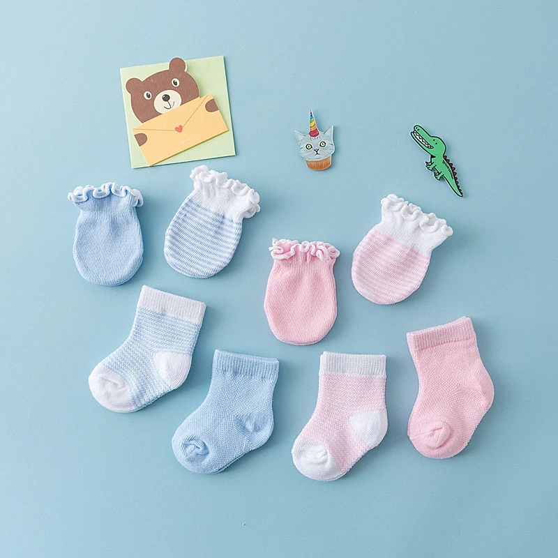 4Pair/Set Solid Color Baby Socks Gloves Set Cute Strip Elastic Infant Toddler Socks Soft Cotton Newborn Girl Boy Ruffle Mitten
