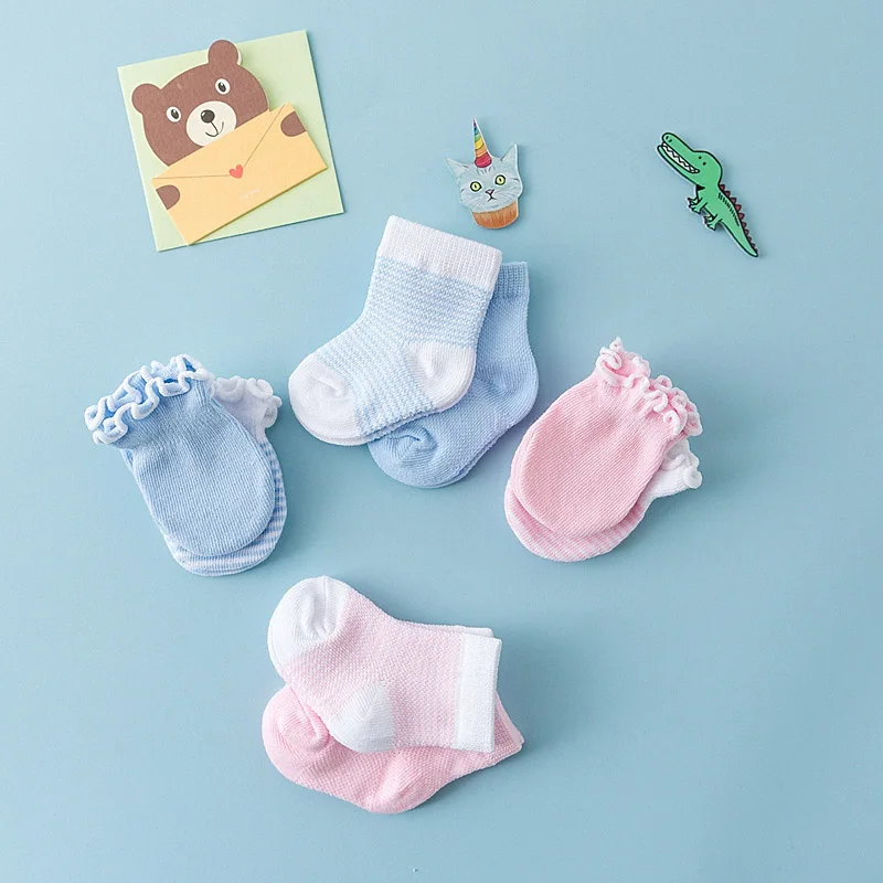 4Pair/Set Solid Color Baby Socks Gloves Set Cute Strip Elastic Infant Toddler Socks Soft Cotton Newborn Girl Boy Ruffle Mitten