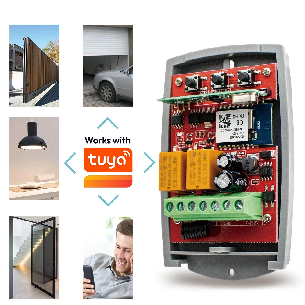 WIFI Garage Door Opener Gate Receiver 2CH 433mhz Universal Fixed Rolling Code Multi Brand Controller Switch Works with Tuya