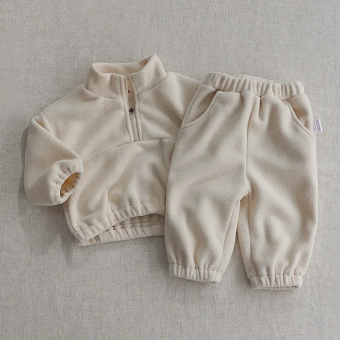 Autumn Winter Toddler Baby Boys Girl Sports Suit Children Clothes Fleece Solid Color Hoodies Suit Infant Boys Girl Outfit 2PCS