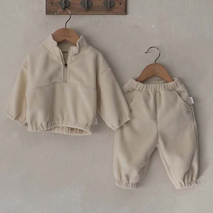 Autumn Winter Toddler Baby Boys Girl Sports Suit Children Clothes Fleece Solid Color Hoodies Suit Infant Boys Girl Outfit 2PCS