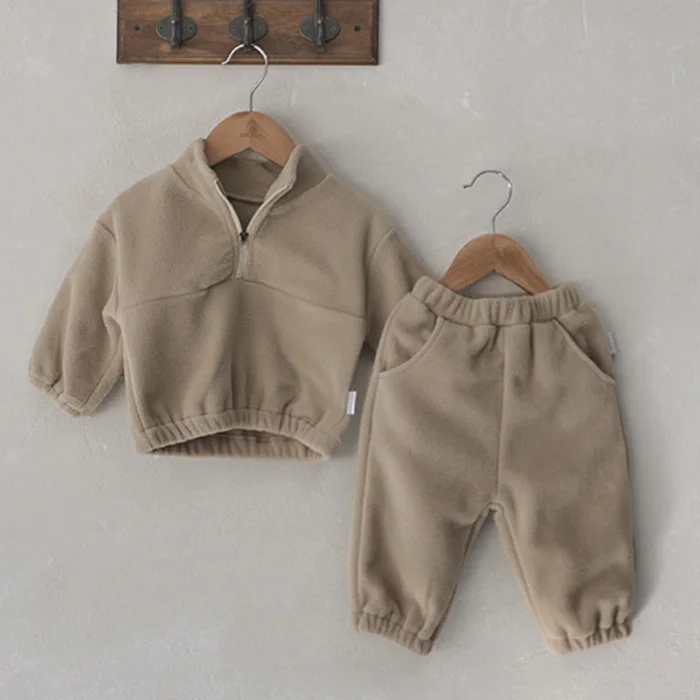 Autumn Winter Toddler Baby Boys Girl Sports Suit Children Clothes Fleece Solid Color Hoodies Suit Infant Boys Girl Outfit 2PCS