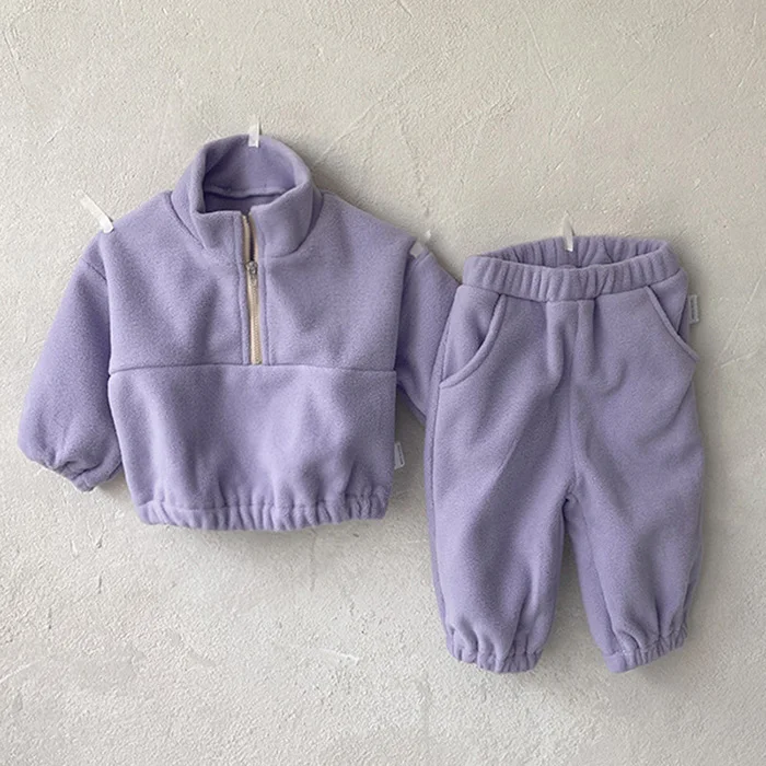 Autumn Winter Toddler Baby Boys Girl Sports Suit Children Clothes Fleece Solid Color Hoodies Suit Infant Boys Girl Outfit 2PCS