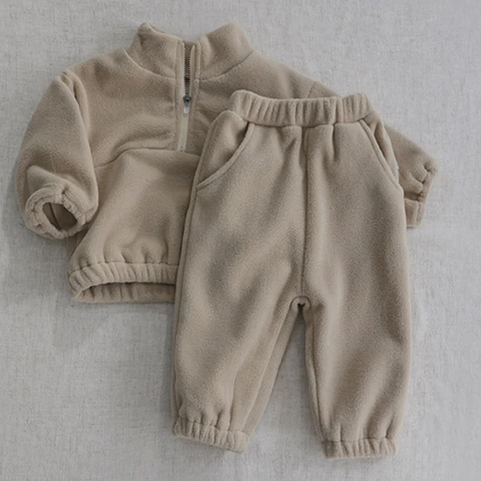 Autumn Winter Toddler Baby Boys Girl Sports Suit Children Clothes Fleece Solid Color Hoodies Suit Infant Boys Girl Outfit 2PCS