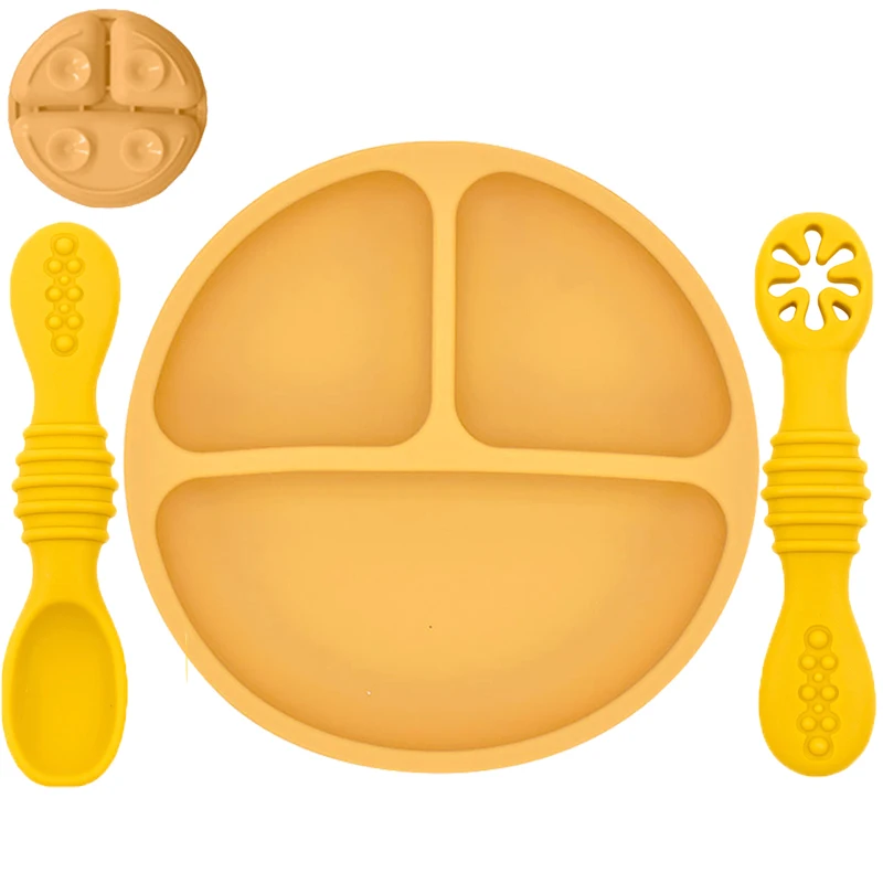 Silicone Baby Sucker Silicone Dining Plate Rice Spoon Set Cute Cartoon Children Dishes Smile Face Baby Tableware Retro Kid Bowl