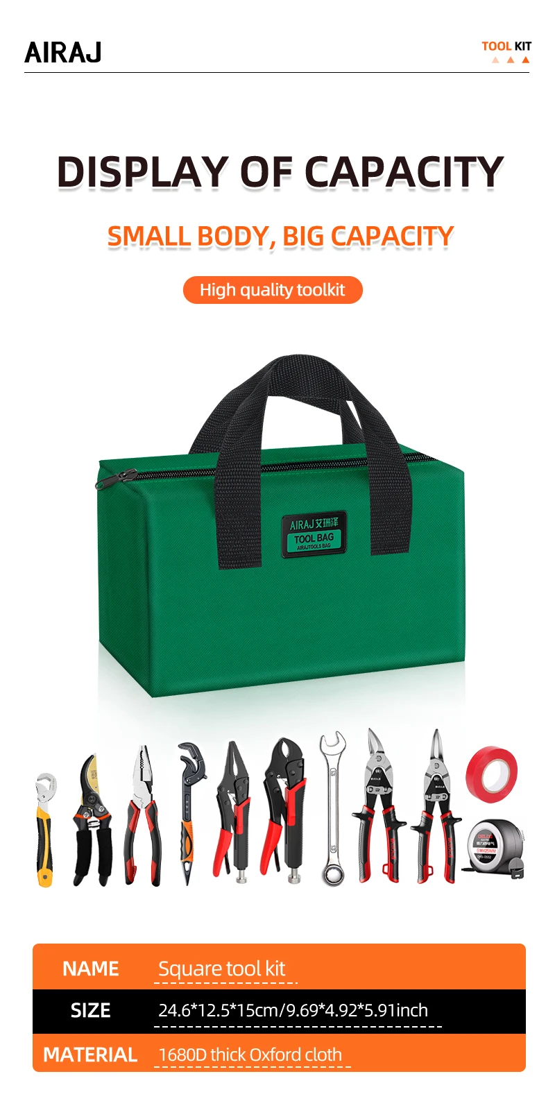 AIRAJ Tool Bag Large Capacity Thickened Wear-Resistant Oxford Cloth Multifunctional Portable Electrician Storage Bag