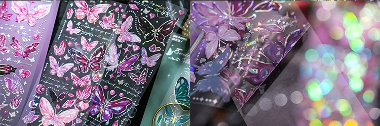 3 pcs laser Butterfly PET Stickers Decorative Diy Scrapbooking Collage material Planner Stationery Craft Supplies
