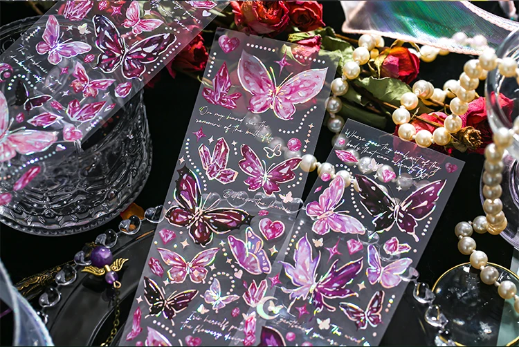 3 pcs laser Butterfly PET Stickers Decorative Diy Scrapbooking Collage material Planner Stationery Craft Supplies