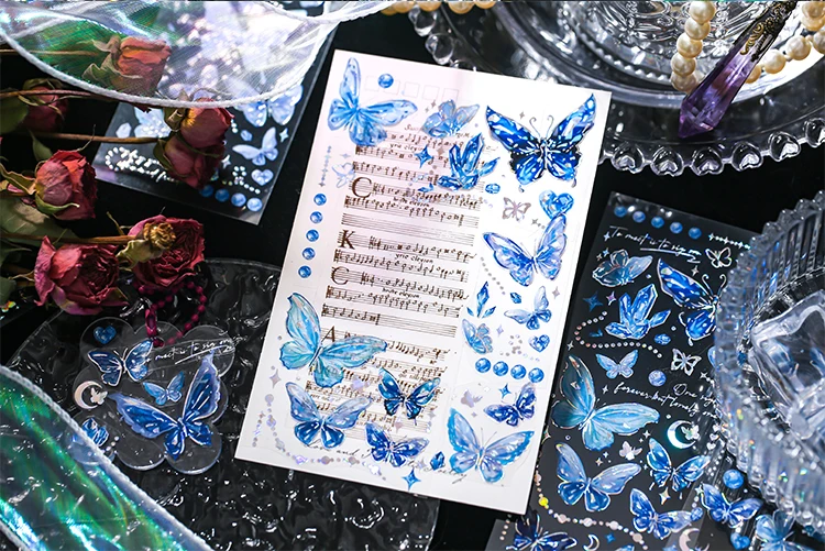 3 pcs laser Butterfly PET Stickers Decorative Diy Scrapbooking Collage material Planner Stationery Craft Supplies